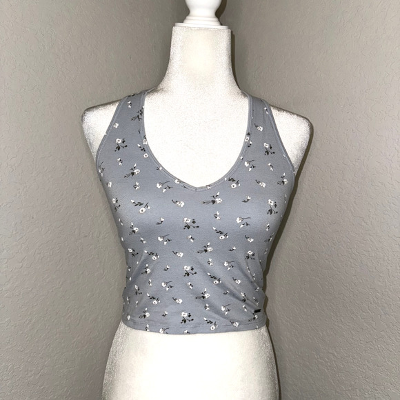 Hollister Halter Top Womens Medium Blue Floral Print Crop V-Neck Casual Pullover - Picture 1 of 6